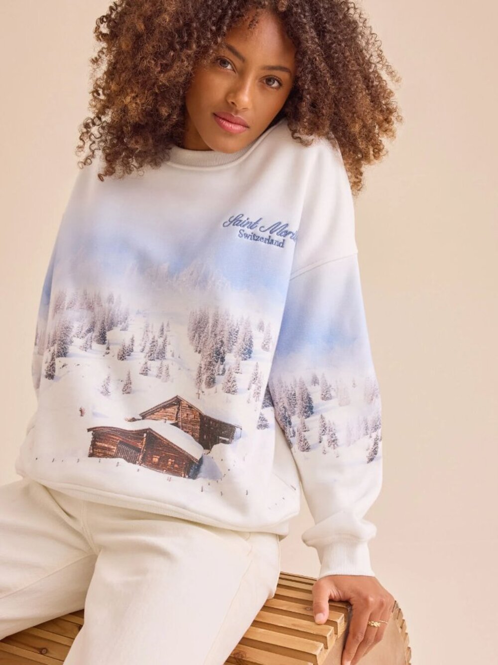 Altar'd State Saint Moritz Switzerland Sweatshirt Ivory Winter Scenic Size M